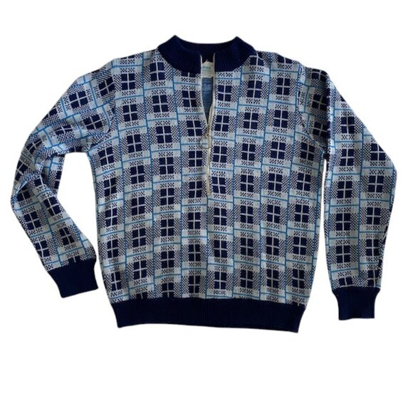 VINTAGE 70s Alexanders Blue White Plaid Half Zip Pullover Sweater - Picture 1 of 10